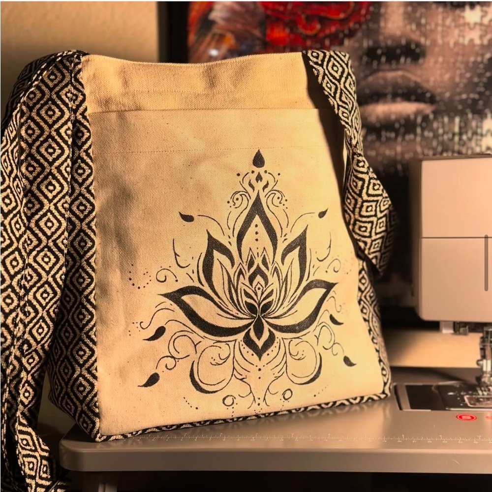 Hand-Painted Bohemian Canvas Shoulder Bag - Black and Cream